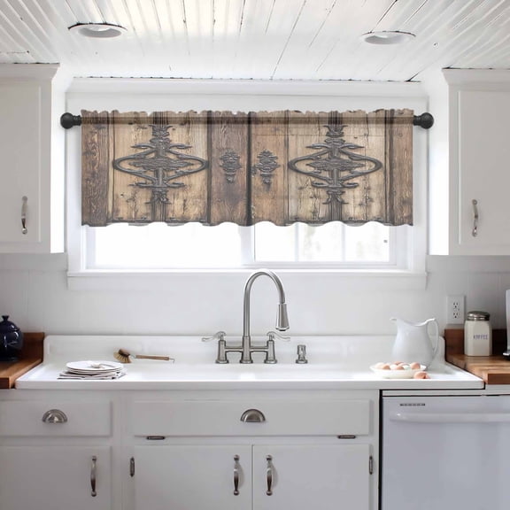 Wooden Plank Valance Curtains for Kitchen/Living Room/Bathroom/Bedroom Window, Rustic Farmhouse Brown Black Barn Door Rod Pocket Small Topper Half Short Window Curtains Voile Sheer Scarf 54"x18"