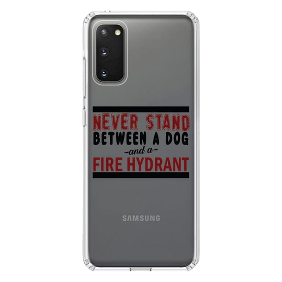 DistinctInk Clear Shockproof Hybrid Case for Galaxy S20 PLUS / 5G (6.7" Screen) - TPU Bumper Acrylic Back Tempered Glass Screen Protector - Never Stand Between Dog & Fire Hydrant