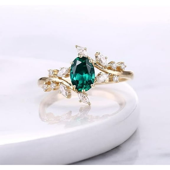 Divine_creation 2.00 Ct Oval Cut Green Emerald Stunning Womens Engagment Ring 14K Yellow Gold Plated 925 Sterling Silver -6