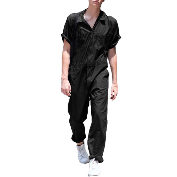 2DXuixsh Skin Tight Jumpsuit Men Spring and Summer Lightweight Jumpsuit Comfortable Lapel Solid Jumpsuits Casual Plus Size Short Sleeve Jumpsuit Men Jumpsuits and Rompers Elegant Black Xxxl