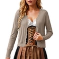 thumbnail image 5 of felwors Women's V Neck Long Sleeve Scalloped Knit Cardigan Lightweight Soft Sweater Coffee, XXL, 5 of 8