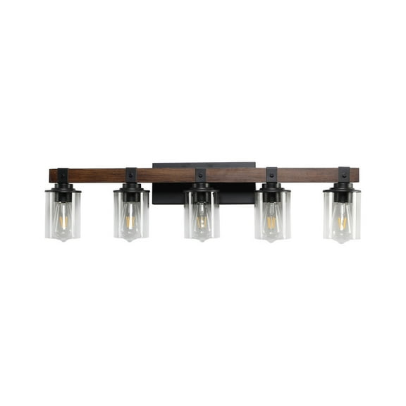 35" Rustic 5-Light Bathroom Vanity Light Fixture, Industrial Wall Sconce with Wood Accent and Clear Glass Shades (Bulbs Not Included)
