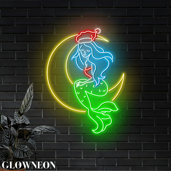 Glowneon Mermaid On The Moon Wall Led Light, Mermaid Christmas Decor