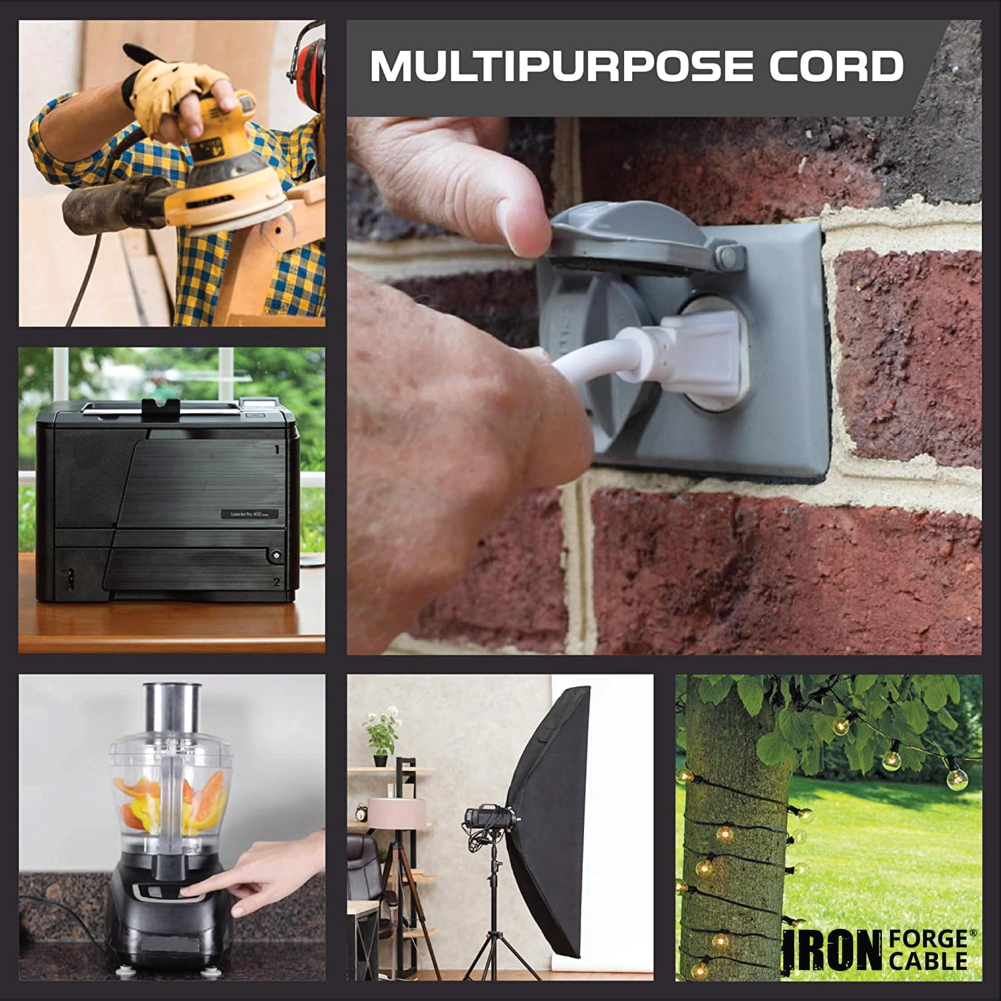 Iron Forge Cable 10ft White Outdoor Extension Cord with 3 Outlets - 16/3 SJTW 10ft Extension Cord 3 Prong, 13 Amp All-Weather Heavy Duty Power Cable