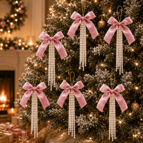 6 Pack Pearl Flocked Velvet Bow Ornaments, 4 x 6 Inch Christmas Tree Hanging Bows for Holiday Wreath Garland Mantel Window Door Wall Party Decor