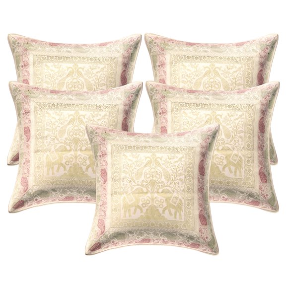 Stylo Culture Ethnic Settee Sofa Throw Pillow Covers 16x16 Jacquard Peacock White Square 40x40 cm Home Decor Brocade Elephant Zippered Cushion Covers | Set Of 5