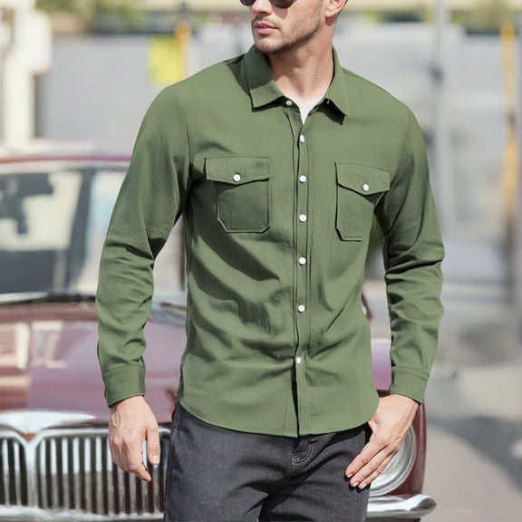 Men's Button Down Shirt Long Sleeve Casual Regular Fit Blouses Solid Color Trendy Formal Business Shirts with Pockets (L, Army Green)