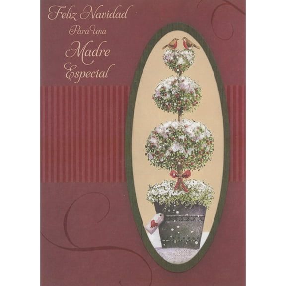 Designer Greetings Two Birds Perched on Top of Christmas Topiary Spanish Language Christmas Card for Mother