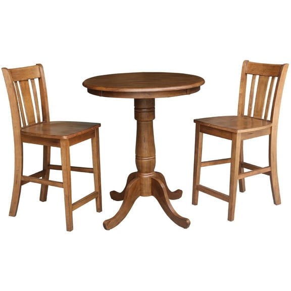 International Concepts 30" Round Solid Wood Pedestal Gathering Height Table with 2 San Remo Counter Height Stools in Distressed Oak