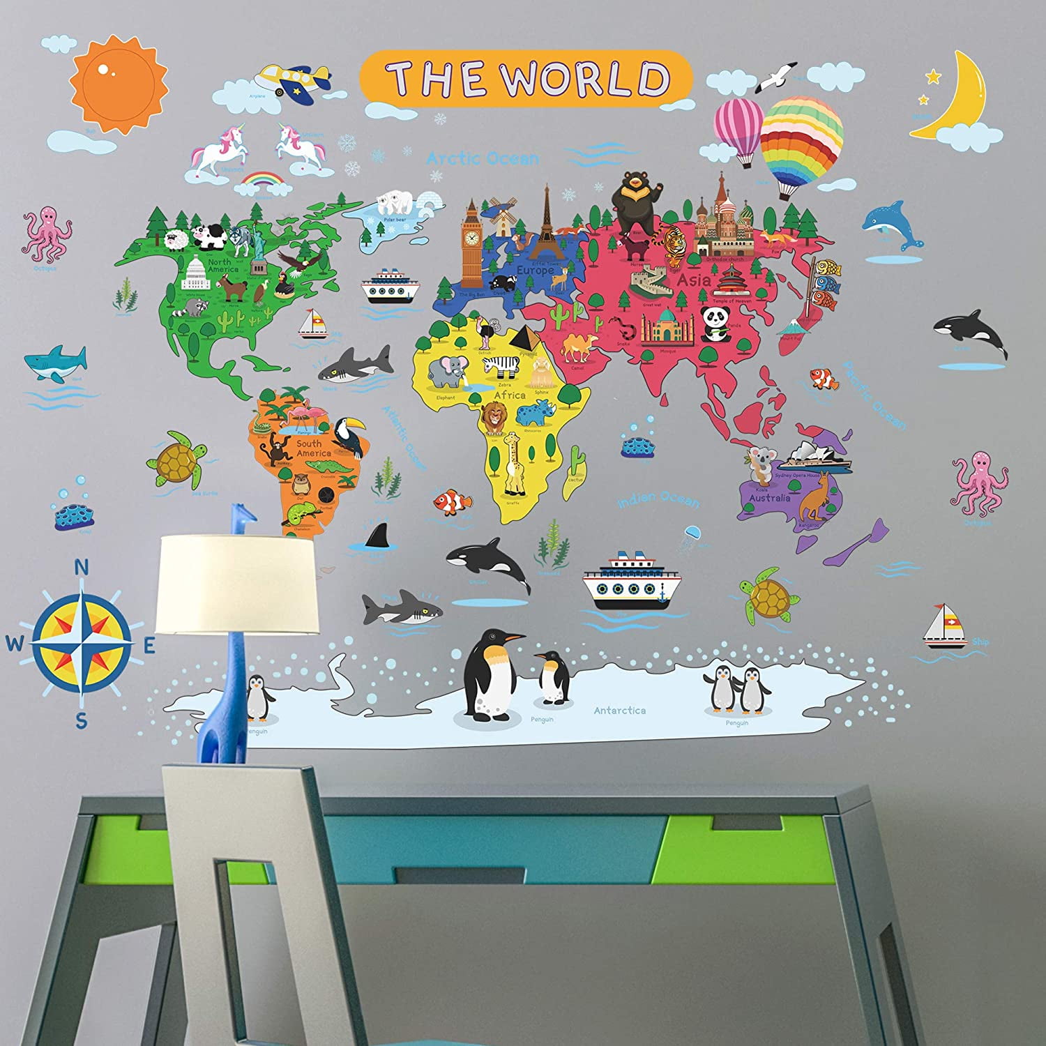 Removable Cartoon Animals World Map Wall Decals Large Educational Animal  Landmarks World Map Peel & Stick Wall Sticker Decor for Kids Bedroom Living  Room Classroom Nursery Home Walls (L 36