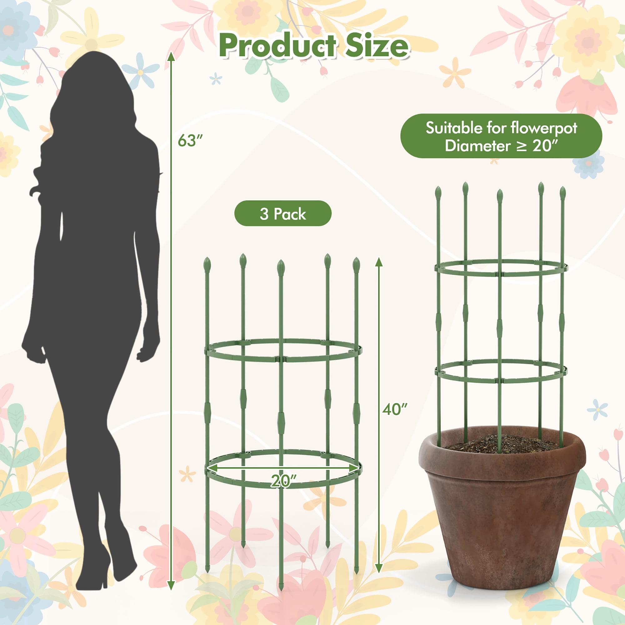 Gymax 3-Pack Garden Tomato Trellis 40'' Plant Support Cage w/ Adjustable Size for Plants