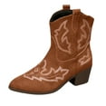 thumbnail image 5 of Womens Retro Cowboy Boots Vintage Suede Embroidered Wide Mid Calf Cowgirl Boots Chunky Heel Slip on Short Dress Booties for Winter Fall Brown Size 9, 5 of 6