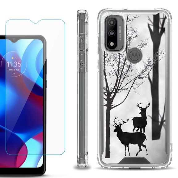 Shockproof Bumper Phone Case for Motorola Moto G Pure, with Tempered Glass Screen Protector, by OneToughShield ® - Forest Deer