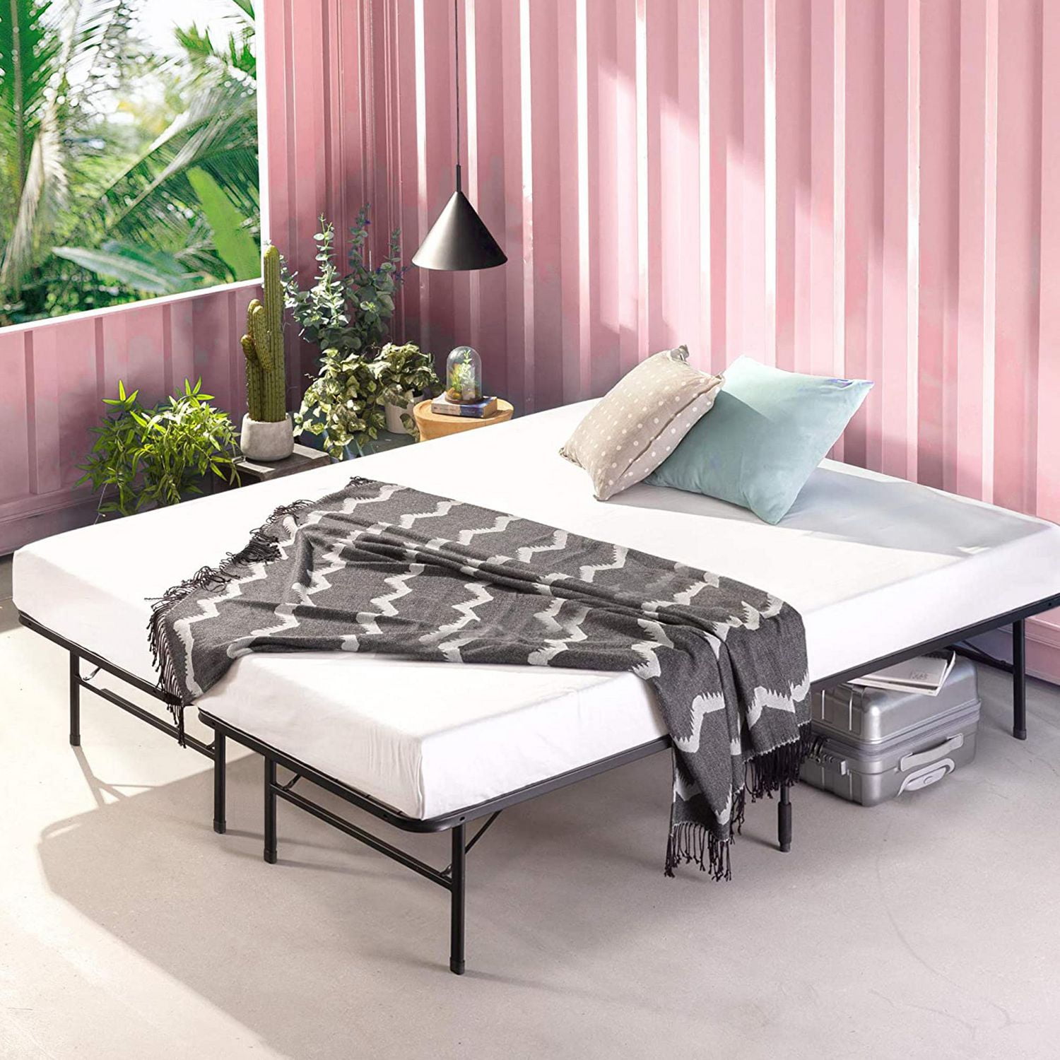 Zinus SmartBase Queen 14 inch Portable Folding Metal Platform Bed Frame, No Tools or Box Spring Needed, Black