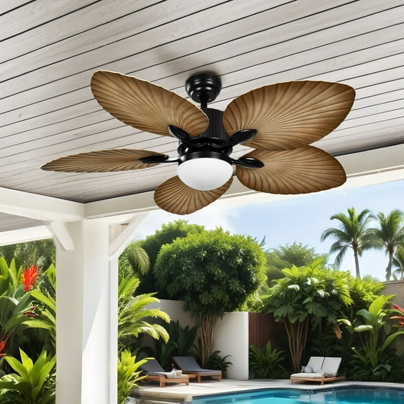ModFusion 52-inch Tropical Coastal Ceiling Fan with LED Light & Remote, Quiet Reversible DC Motor, 5 Palm Blades, Brown