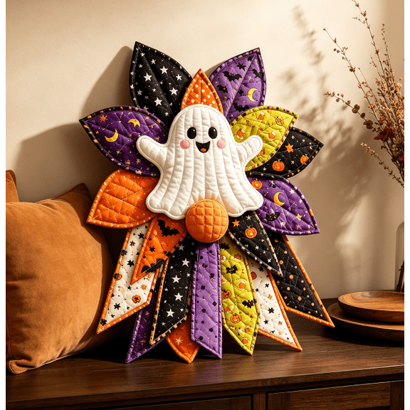 Autumn Halloween Quilted Fabric Wall Hanging Wreath Featuring Ghost and Printed Leaves, Decor for Entryway Porch Front Door Indoor Space
