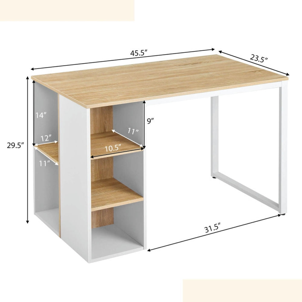 Demi Bonn Computer Desk with 5 Side Shelves and Metal Frame, Small Home Office Desk Study Writing Table, White