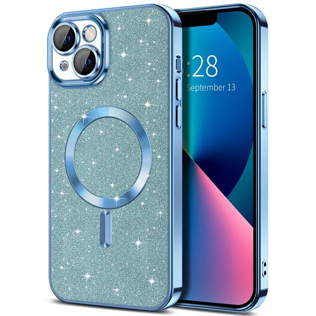Electroplate With Lens Protector Phone Case For iPhone 15 14 11 12 13 Pro Max For Magsafe Wireless Charge Bumper Glitter Cover LightBlue For iphone12