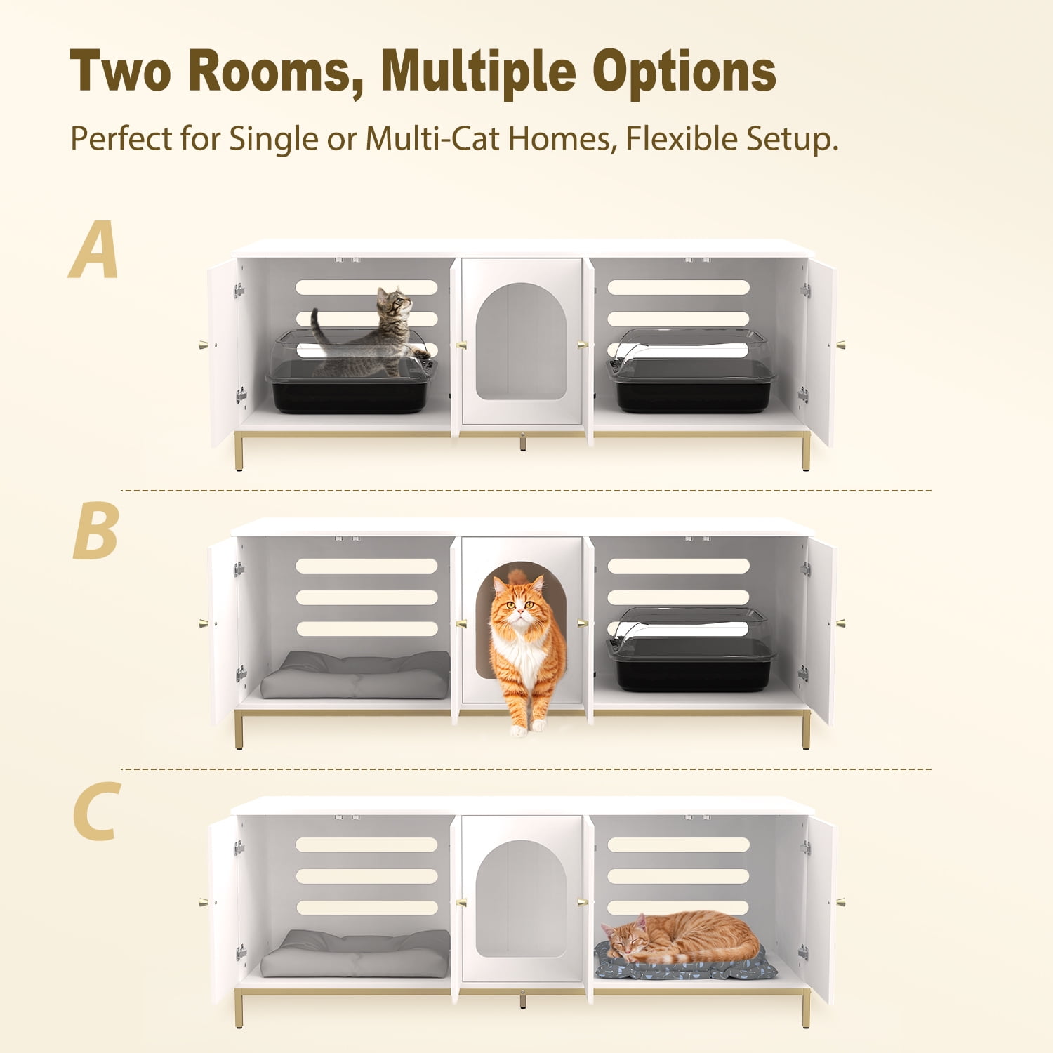 Cat Litter Box Enclosure for 2 Cats, Litter Box Furniture with Double Room, Central Entry, and Dual Use as TV Stand for Living Room, White (Elevated Version)