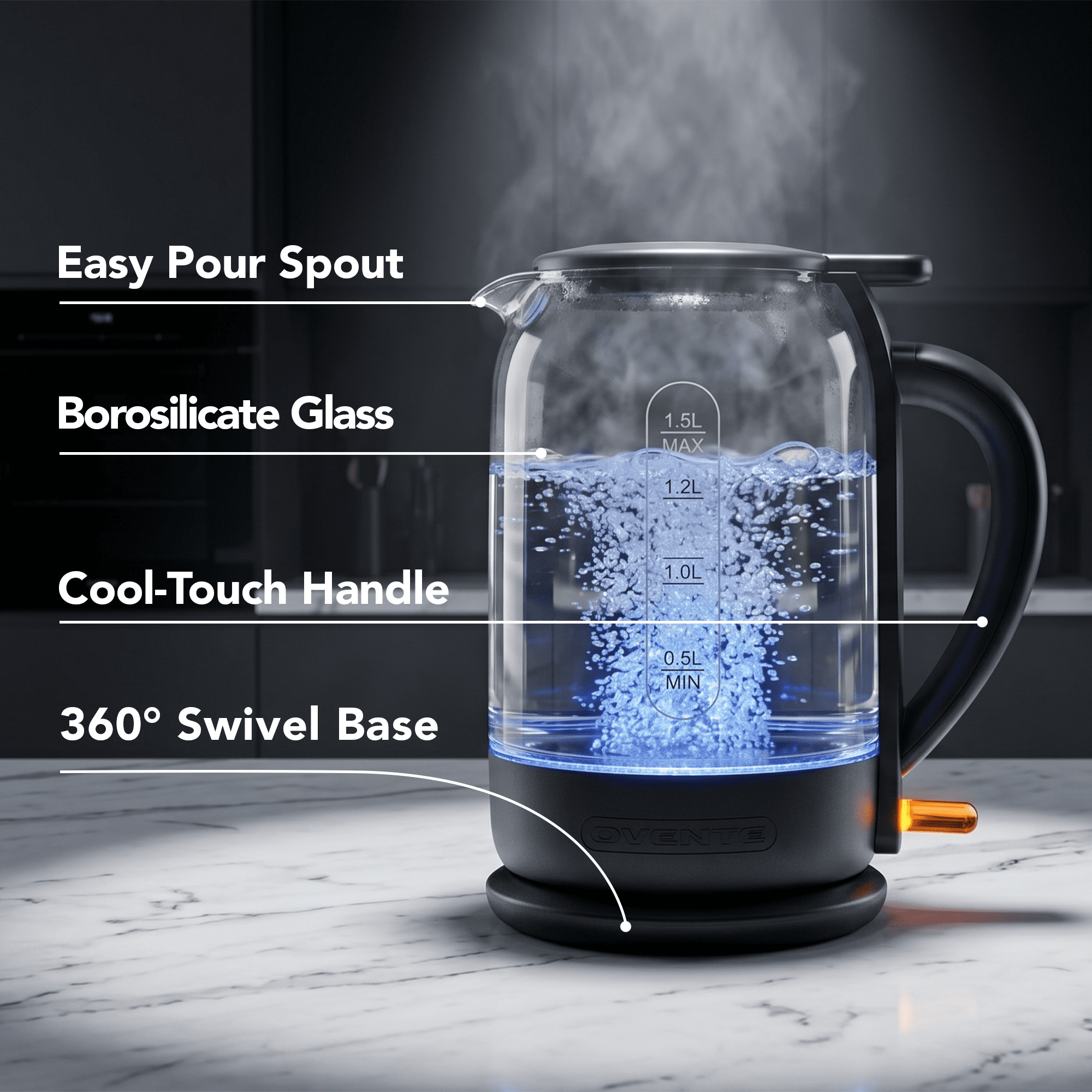 OVENTE Electric Kettle with 1.5L Borosilicate Glass, 1500W Fast Boiling Water Heater for Coffee or Tea, Easy to Fill Lid, Auto Shut-Off, Boil-Dry Protection & Stainless Steel Filter, Black KG516B