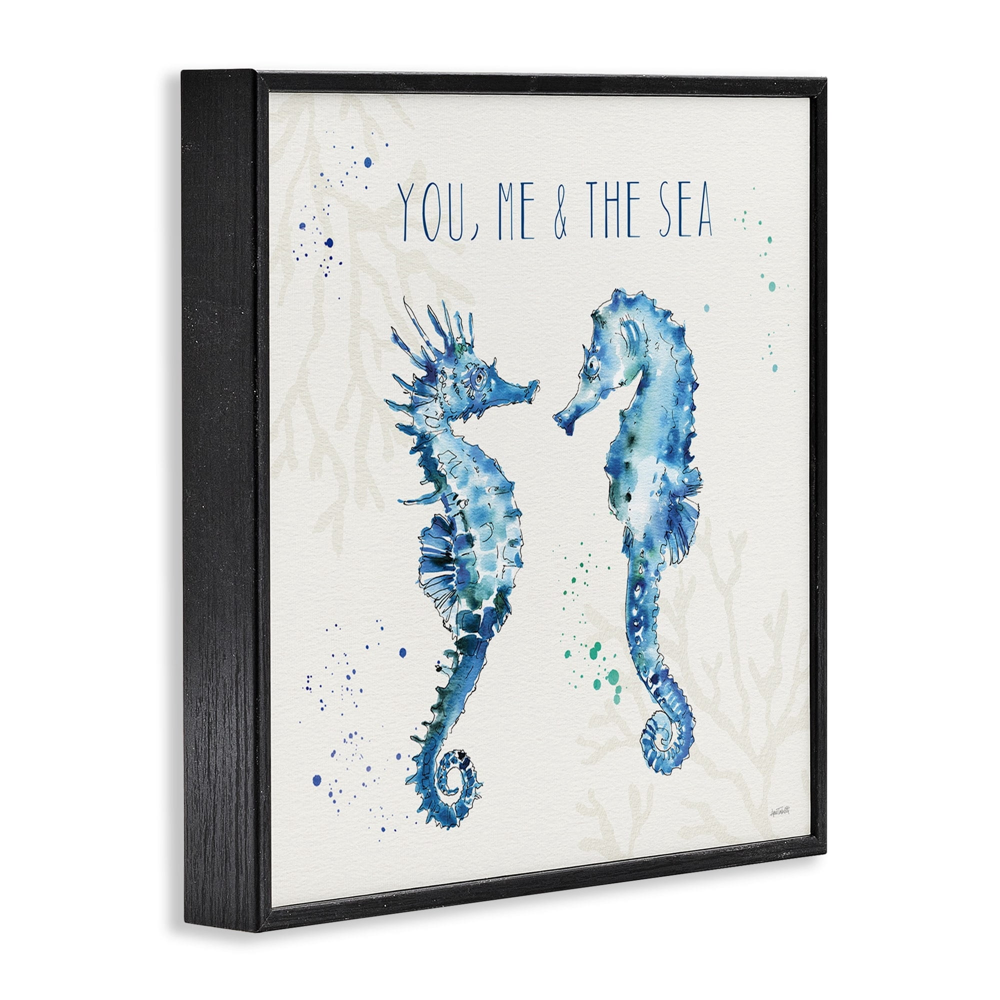 Stupell Industries You Me and the Sea Quote Seahorse Blue Green Watercolor Framed Wall Art Design by Anne Tavoletti, 12" x 12", Black Framed