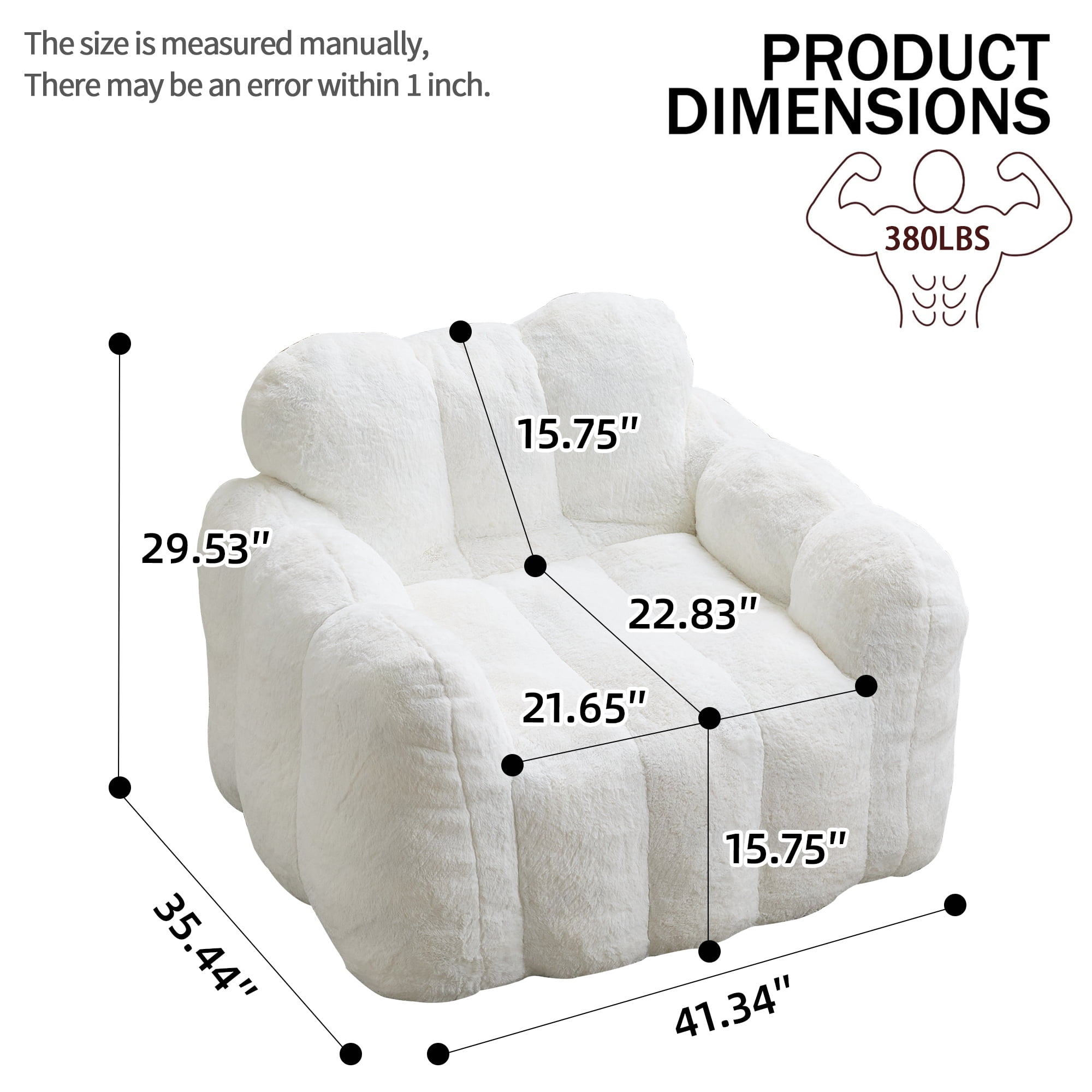 Peispie Giant Fluffy Bean Bag Chair for Adults, Oversized Memory Foam Floor Sofa Lounge Chair with Armrests, Comfy Stuffed Accent Reading Chair for Bedroom & Living Room, No Assembly, White