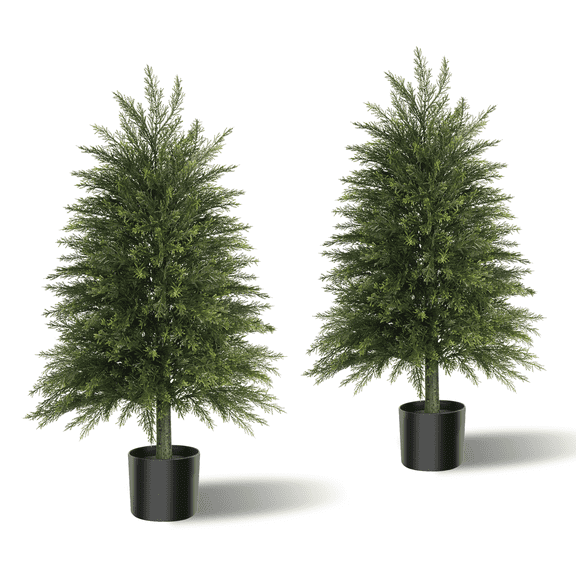 Olivivi 3ft UV Resistant Artificial Cedar Puffy Model Indoor/Outdoor Decorative Tree, Low Maintenance Faux Plants 2 Piece Set