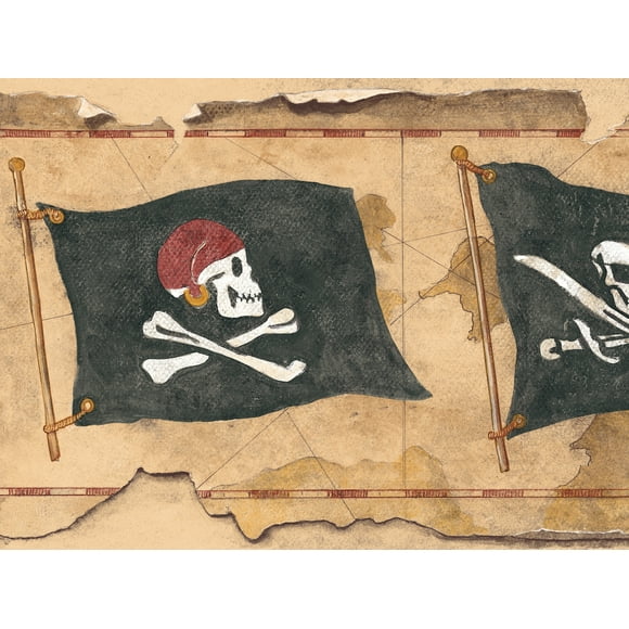 York Wallcoverings' Prepasted Wallpaper Border - Kids Pirate Brown, Black, Beige Wall Border Retro Design, Roll 15 ft X 9 in (4.57m X 22.86cm)