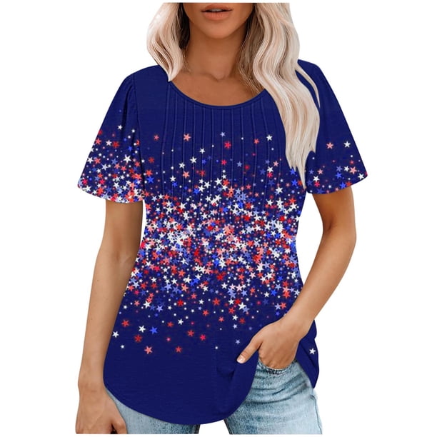 Fiudx Ofertas Del Día Top Estampado con Cuello Redondo y Manga Corta Informal para Mujer a La Moda