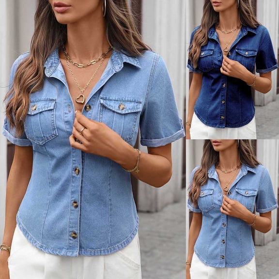 FNFYFH Womens Short Sleeve Button Down Shirt Slim Fit Denim Shirts Casual Western Outfit Streetwear