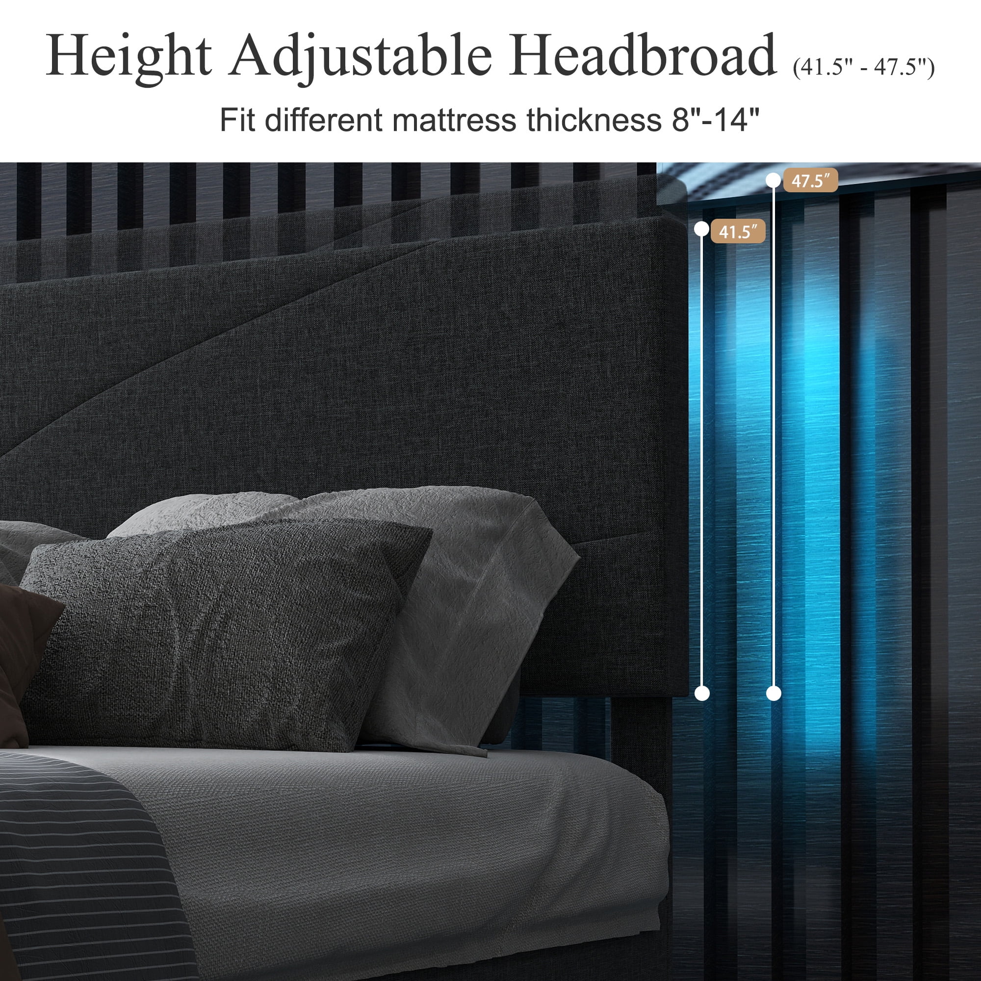 Homy Casa Upholstered Queen Bed with Tech Charging and LED Lights, Modern Headboard, Grey