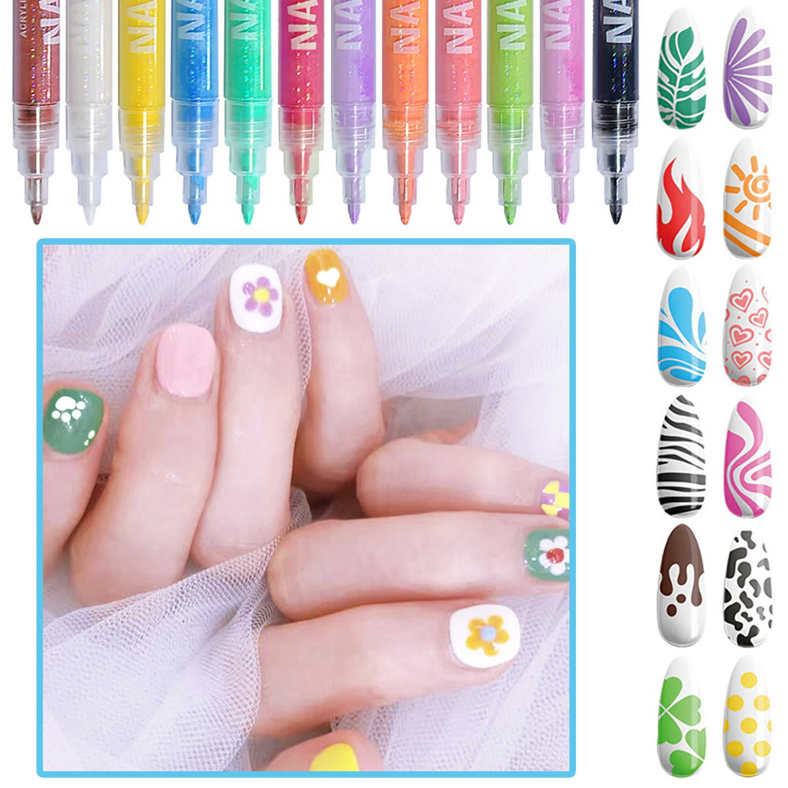 12 Pcs Nail Art Pens Set 3D Nail Polish Pen Quick Drying Nail Point Graffiti Dotting Pen Nail Art Markers Drawing Painting Pen for Home Salon Manicure Tool