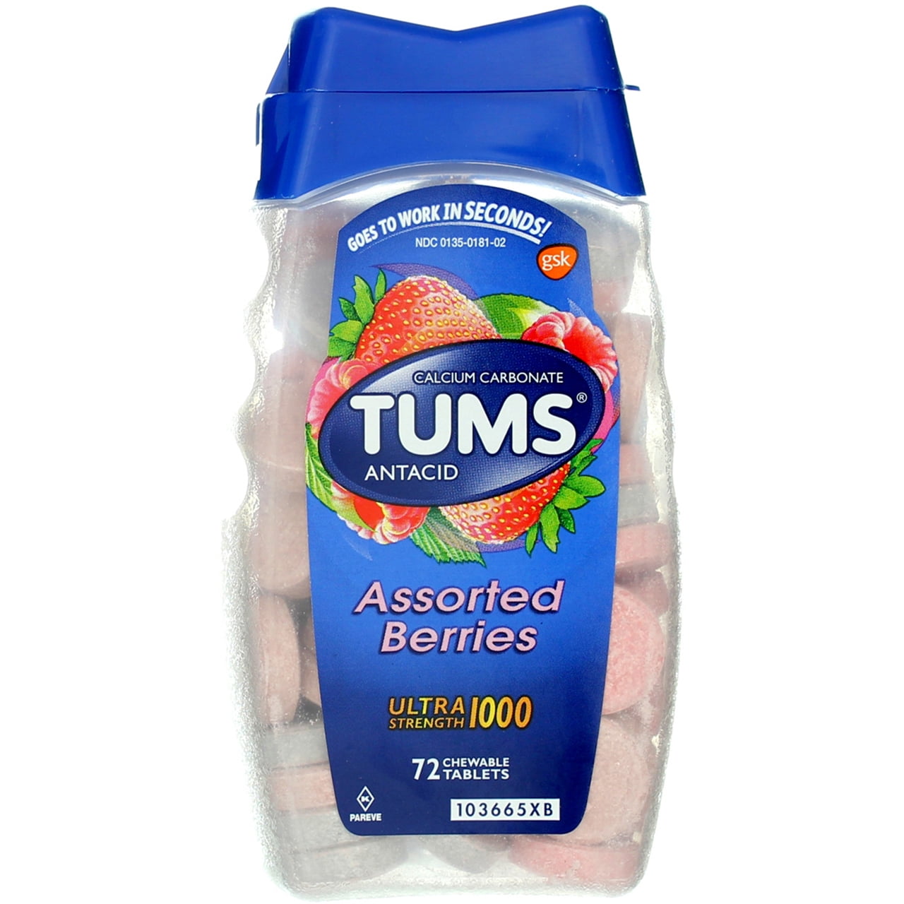 Tums Ultra Strength Antacid Chewable Tablets, Assorted Berries, 1000 mg, 72 Ct (2 pack)