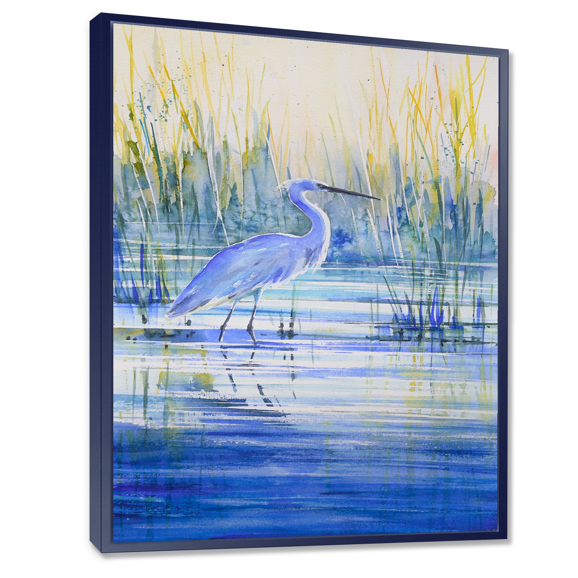Designart 'Blue Heron On The Lake Shore' Traditional Framed Canvas Wall Art Print