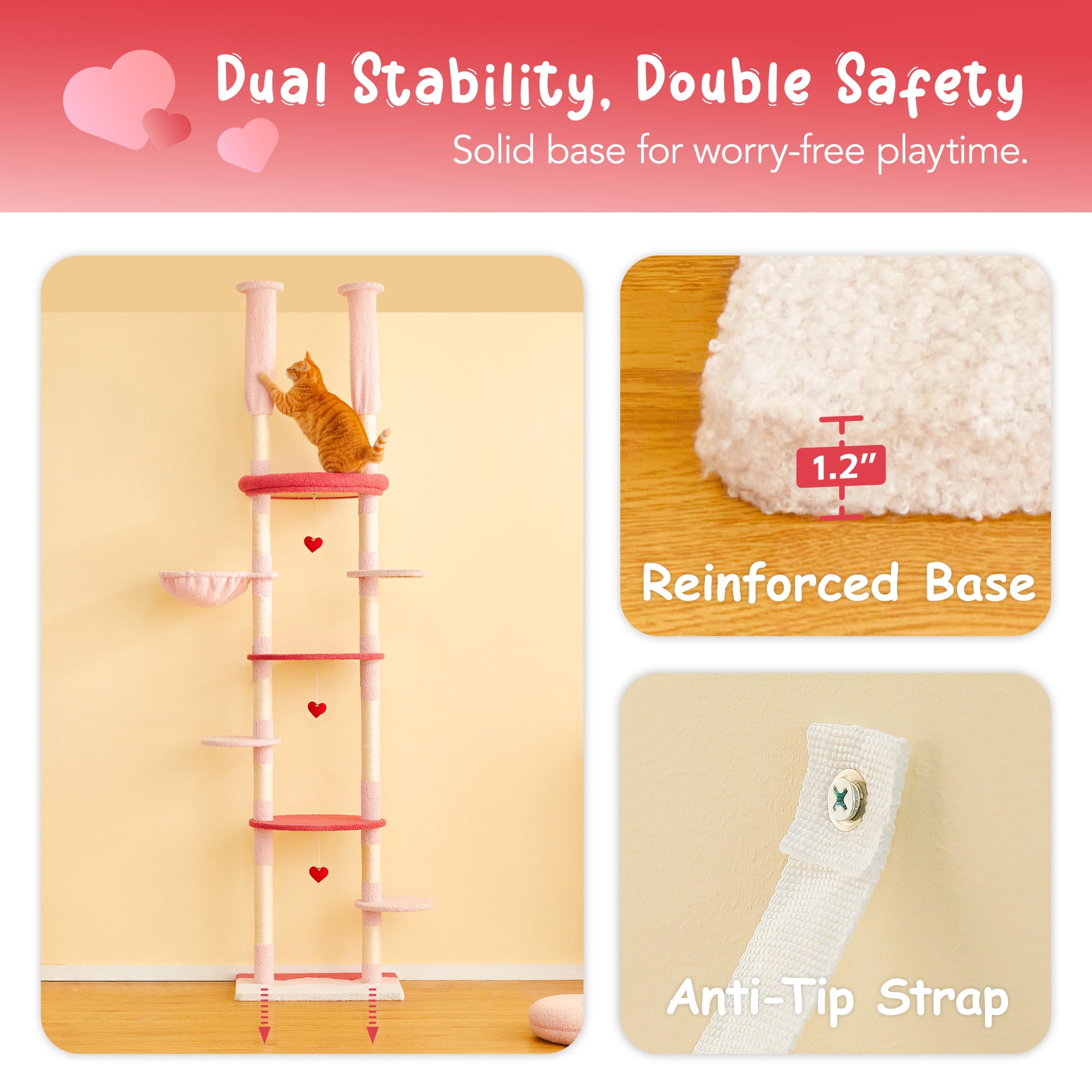 Furcato 92.1"-101.6" Adjustable Height Cat Tree, Floor to Ceiling Cat Tower, 7 Tiers Cat Climbing Tree with Hammock, Rose Pink