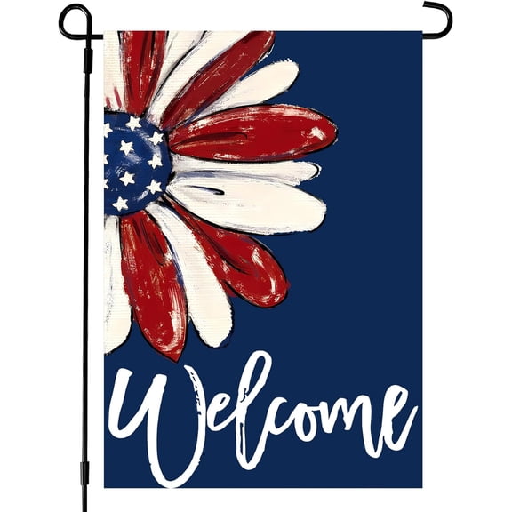 Welcome July 4th Patriotic american usa Red Blue White Sunflower Daisies Double-sided Summer Garden Flag 12.5x18 inch,Outdoor Yard Independence Day Memorial Day Garden Flag Decoration -C
