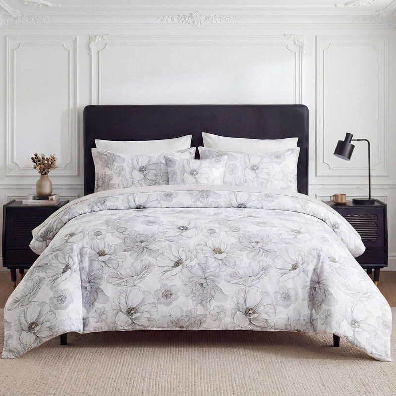 100% Cotton Floral Duvet Cover Set King Size, Ink Style Gray Sketch Floral Bedding, 3 Pcs with Zipper Closure & Corner Ties, Soft Breathable Duvet Cover for All Seasons