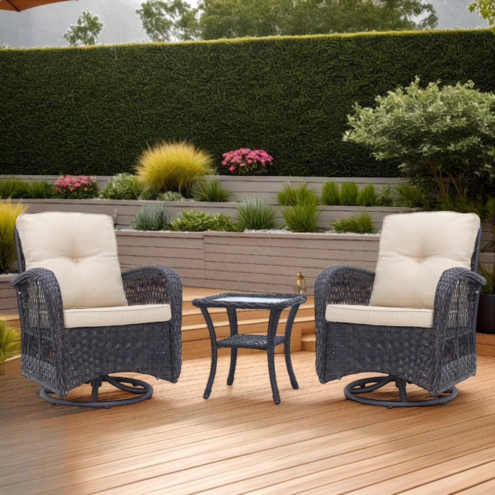 Abble 3 Pieces Patio Furniture Set, Swivel Rocking Outdoor Patio Conversation Set Wicker Rattan Seating Group Set with Beige Cushions, Dark Brown