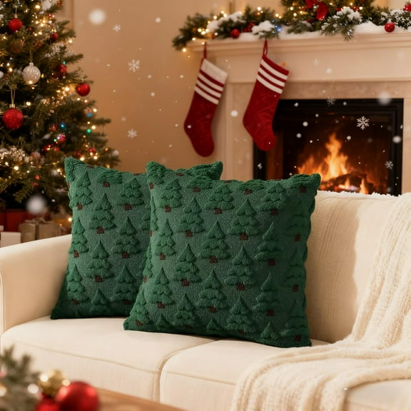 Orangide Set of 2 Christmas Tree Throw Pillow Covers,18x18 Inches Green Faux Wool for Couch Sofa Bed and Porch Decor