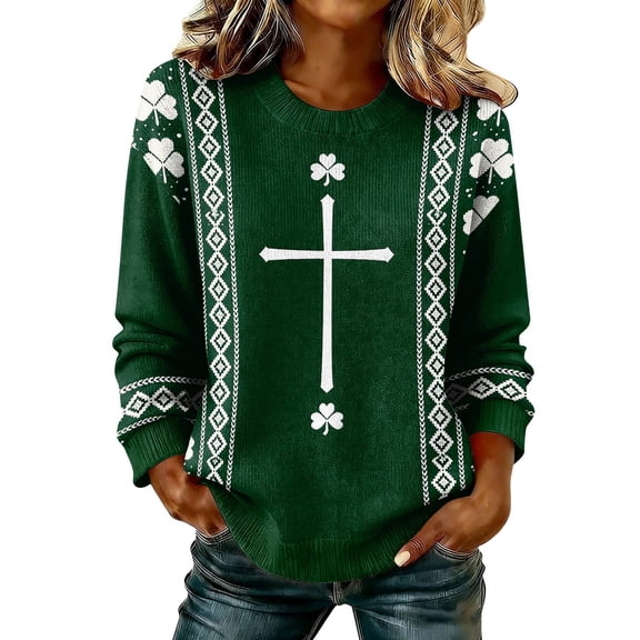 Women's Long Sleeve Waffle Knit St. Patrick's Day Hoodie, Shamrock Clover Print Green Pullover Sweatshirt