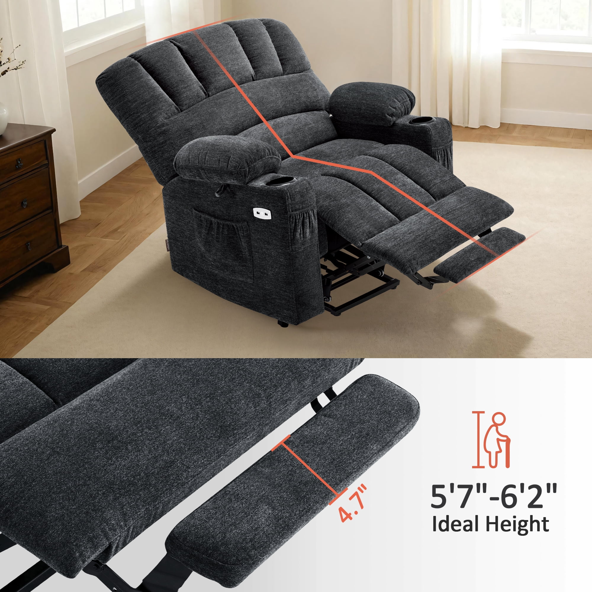 MCombo 27.2'' Extra-Wide Seat Oversized Power Lift Recliner for Big Tall, Fabric(Large-Wide, Dark Grey)
