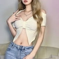 thumbnail image 2 of KOMOO Women Halter Crop Tops Short Sleeve Split Folding Tops Solid Color V-neck Short Shirt Tops, 2 of 9