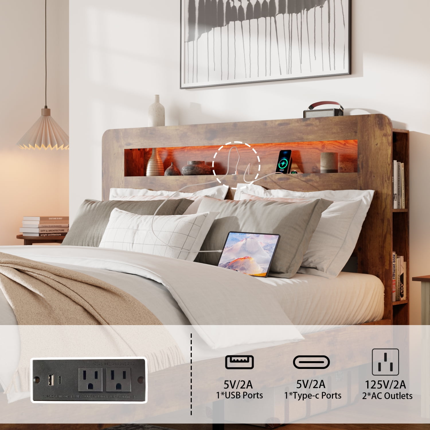 Youmumeub King Size Bed Frame with LED Storage Headboard & Charging Station, Wood & Metal Platform Bed with Under Bed Storage, No Box Spring Needed, Noise Free, Dark Brown