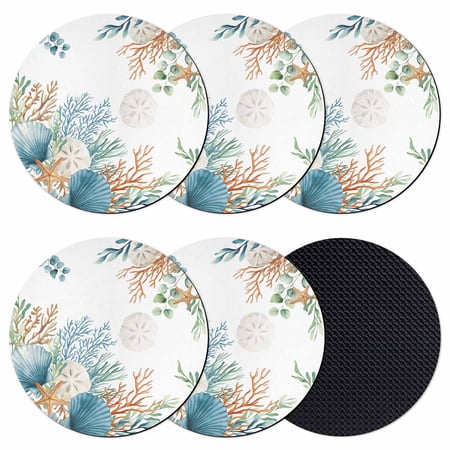Beach Coastal Coasters Set of 6 Absorbent Coasters for Drinks Summer Nautical Coral Shell Botanical Coaster for Desk Coffee Table Protection Home Decor House Warming Gifts 4