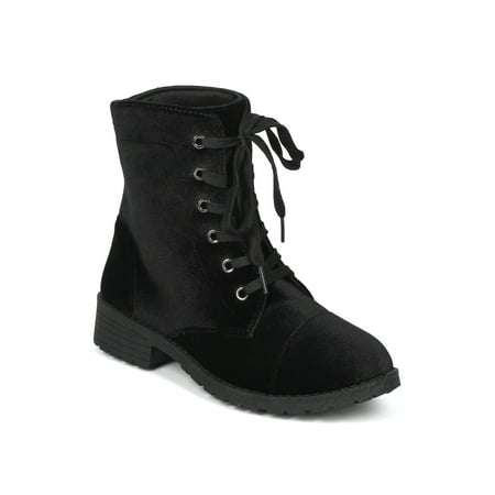 Women Velvet Round Toe Lace Up High Top Combat Bootie - 18076 by Yoki