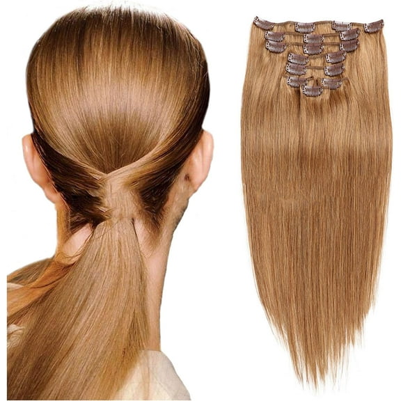 Aorsher Clip in Hair Extensions, Real Human Hair Pieces for Women, 7pcs Golden Brown Hair Extensions, 100% Human Hair Remy Virgin Clip In Extensions, Double Weft Straight Soft Hair No Tangles, 18Inch