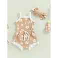 thumbnail image 4 of Baby Girl Floral Summer Clothes Set Waffle Knit Spaghetti Straps Romper Ruffle Shorts Bloomers Headband 3M 6M 12M 18M, 4 of 10
