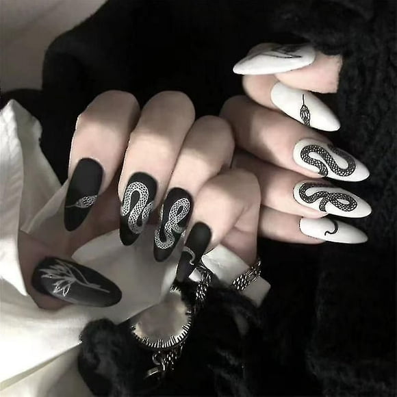 24 Pieces Matte Fake Nails Medium Almond Acrylic Nail Art Punk Fake Nails For Party And Home Diy (black White)
