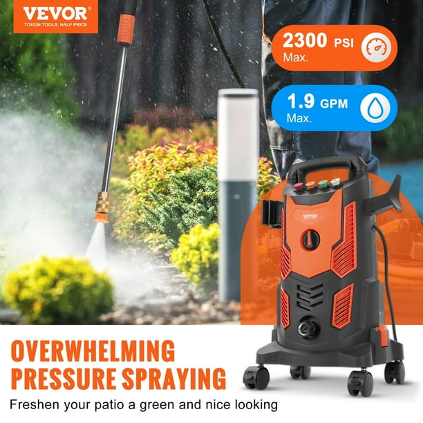 Lavadora a presión electrica VEVOR, 2300 PSI, máx. Lavadora electrica de 1,9 GPM, 1900 W con manguera de 26 pies, 4 boquillas de conexión rápida, cañón de espuma, mango retráctil para limpieza portáti