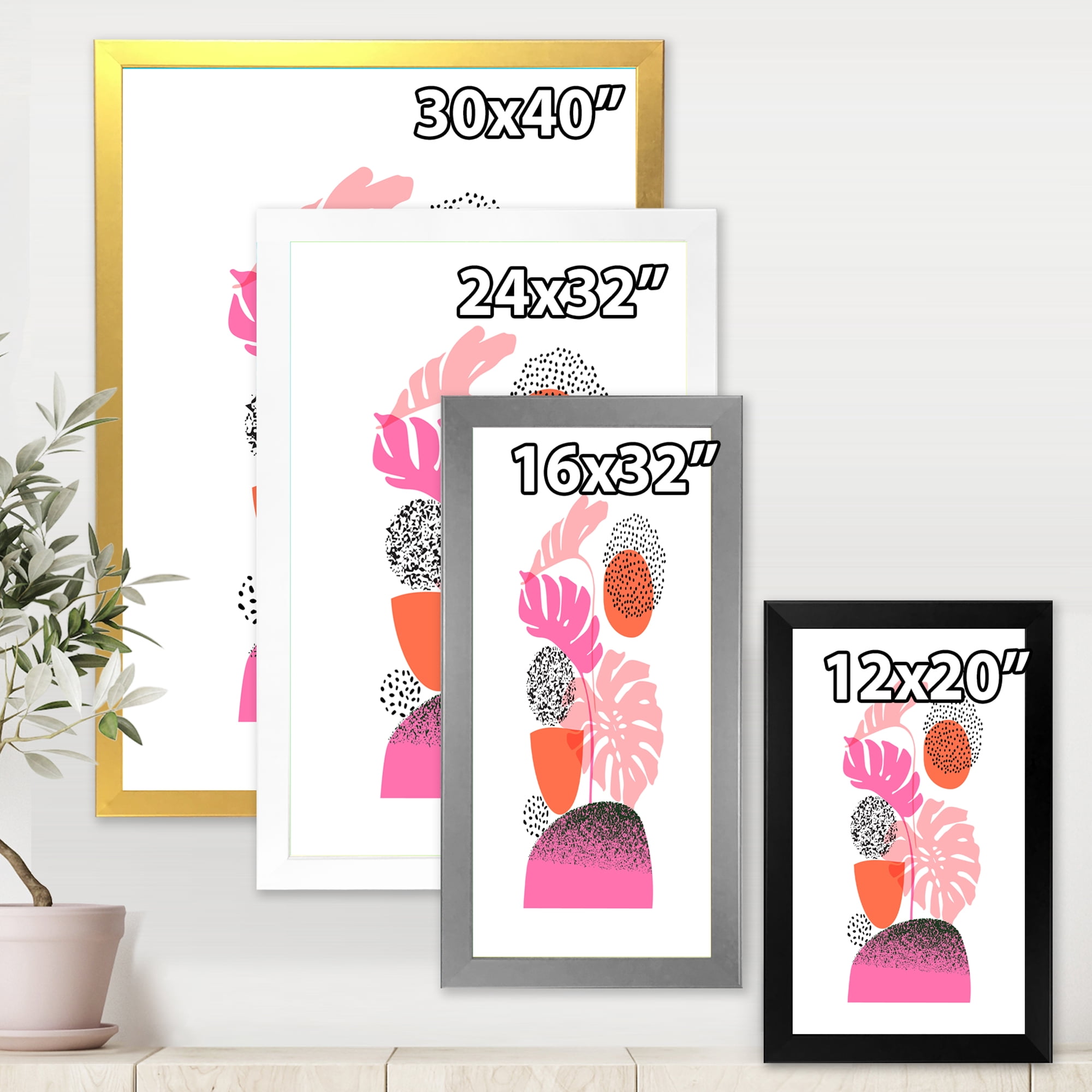 Designart 'Geometric Sun and Moon Shapes With Tropical Leaves' Modern Framed Art Print